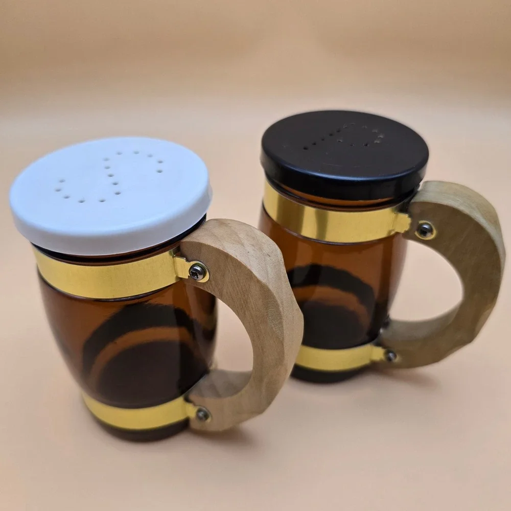 Vintage Amber Glass Beer Stein Salt and Pepper Shakers Wood Handle Gold Trim Set